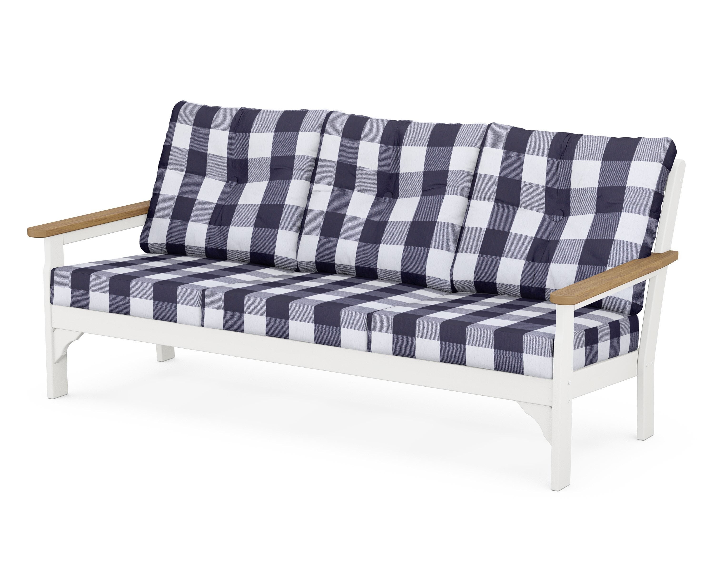 POLYWOOD® Vineyard Deep Seating Sofa in White / Natural / Buffalo Plaid Navy