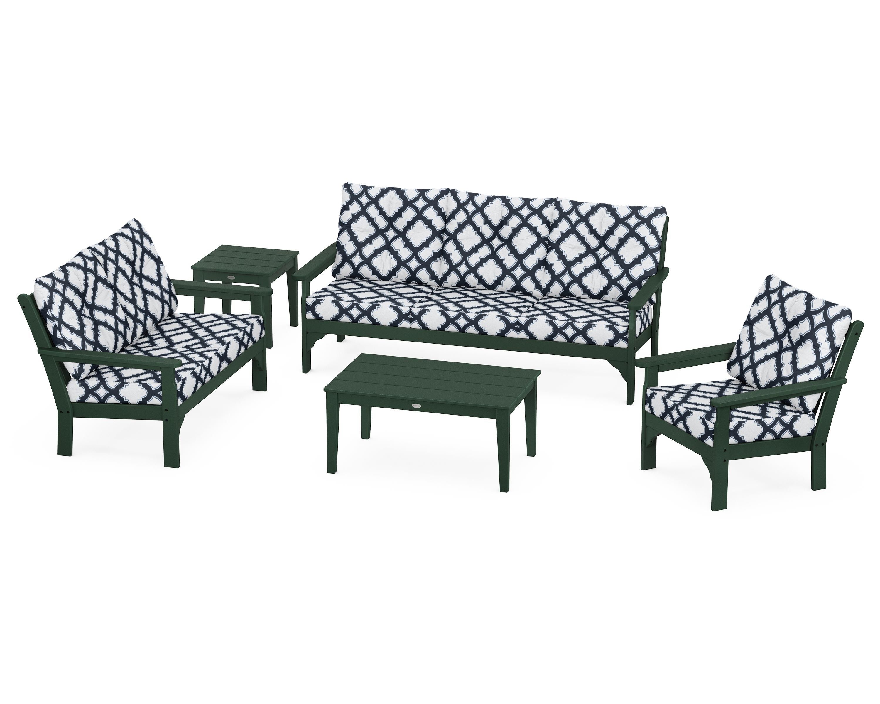 POLYWOOD® Vineyard 5 Piece Deep Seating Set in Green / Trellis Marine Indigo