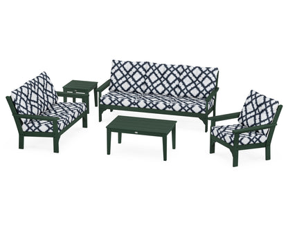 POLYWOOD® Vineyard 5 Piece Deep Seating Set in Green / Trellis Marine Indigo