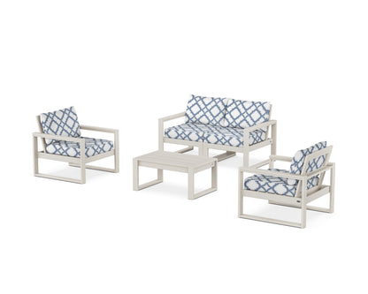 POLYWOOD® EDGE Sectional 4-Piece Deep Seating Set with Loveseat in Sand / Trellis Sky Blue