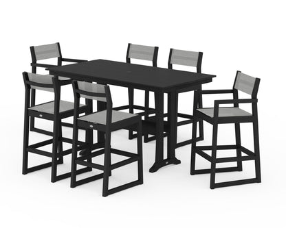POLYWOOD® EDGE Sling 7-Piece Farmhouse Bar Set with Trestle Legs in Black / Metallic Sling