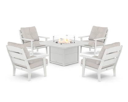 POLYWOOD® Lakeside 5-Piece Deep Seating Set with Nautical Fire Pit Table in White / Cast Ash