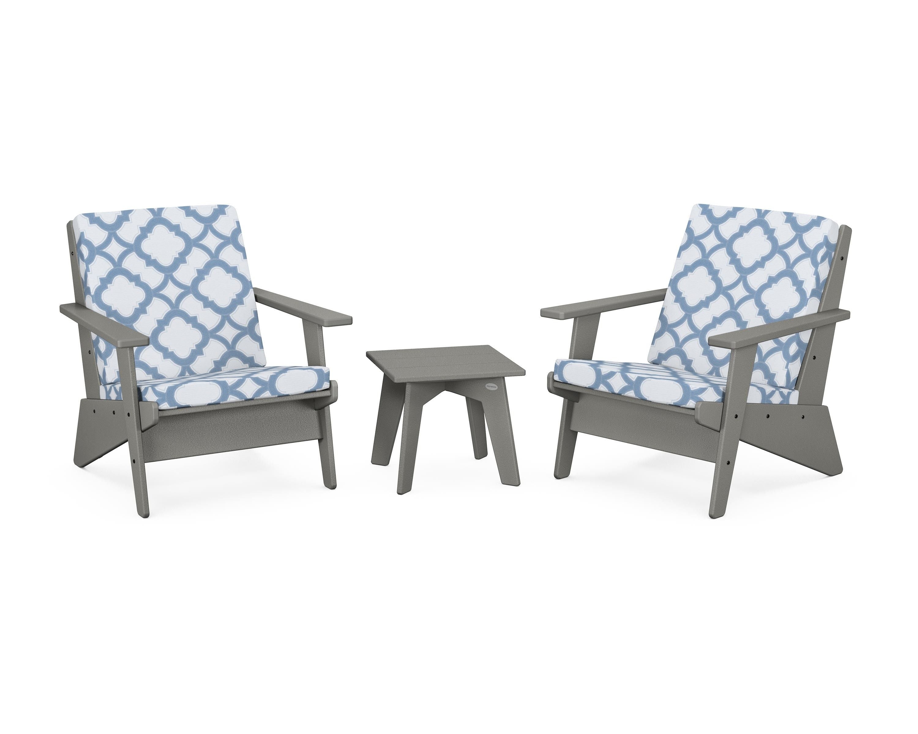 POLYWOOD® Riviera Modern Lounge 3-Piece Set in Slate Grey / Trellis Sky Blue