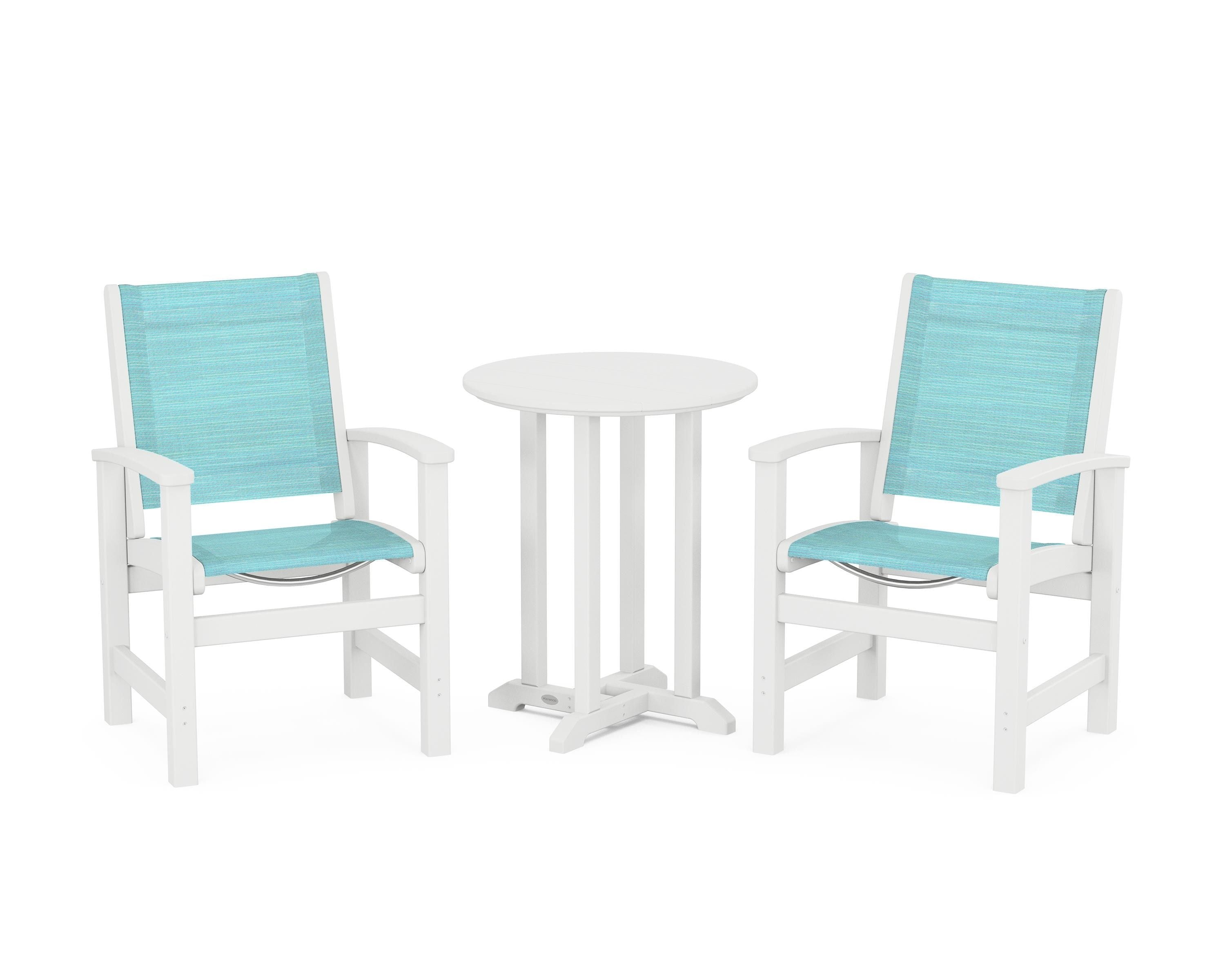 POLYWOOD® Coastal 3-Piece Round Bistro Dining Set in White / Dupioni Aquamarine Sling
