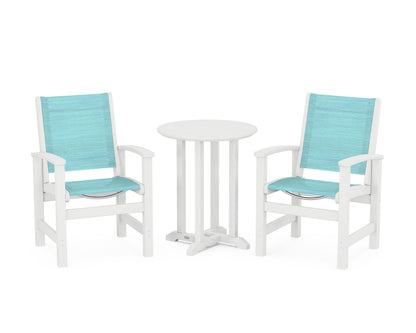 POLYWOOD® Coastal 3-Piece Round Bistro Dining Set in White / Dupioni Aquamarine Sling