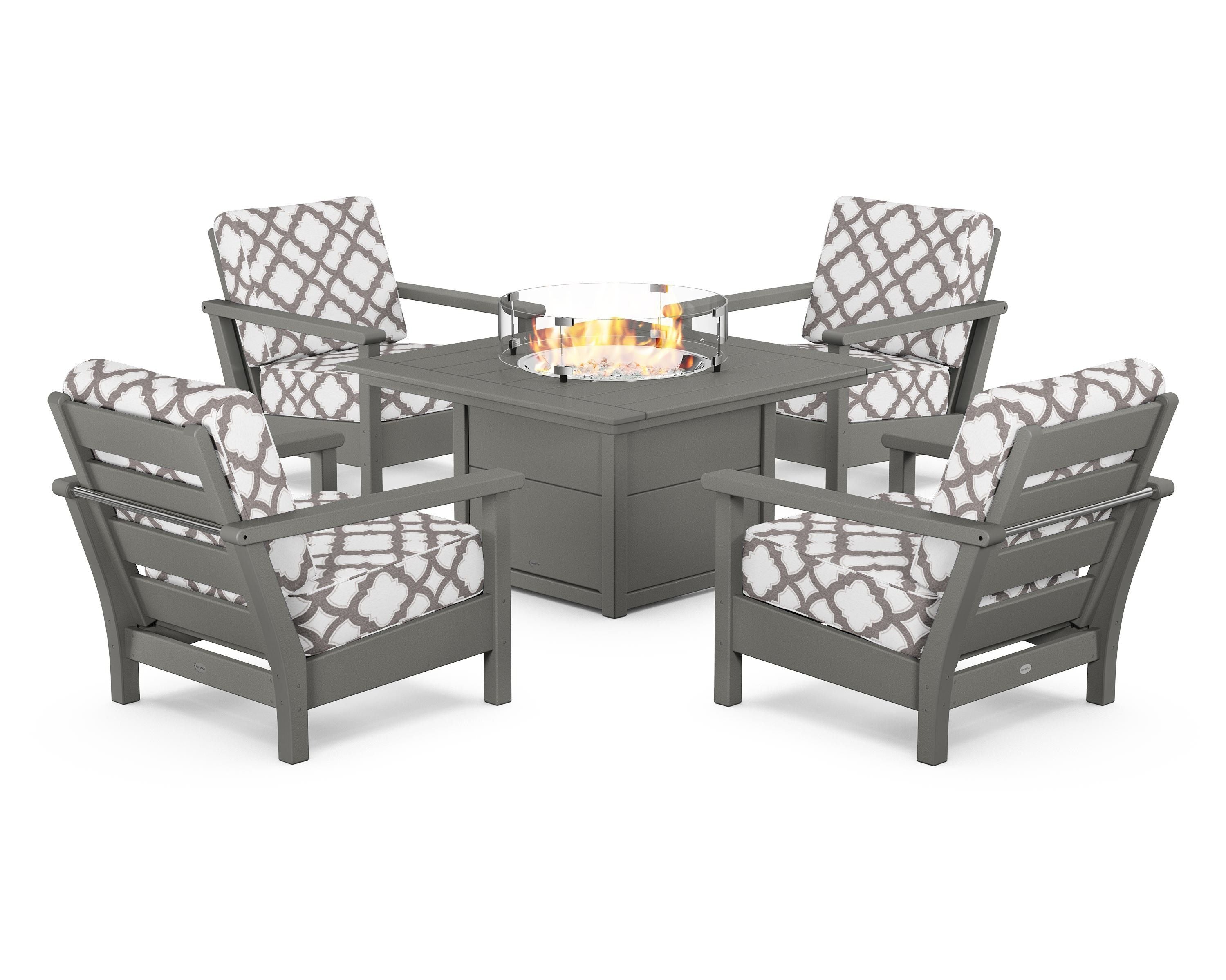 POLYWOOD® Harbour 5-Piece Conversation Set with Fire Pit Table in Slate Grey / Trellis Grey Mist
