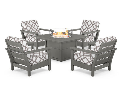 POLYWOOD® Harbour 5-Piece Conversation Set with Fire Pit Table in Slate Grey / Trellis Grey Mist