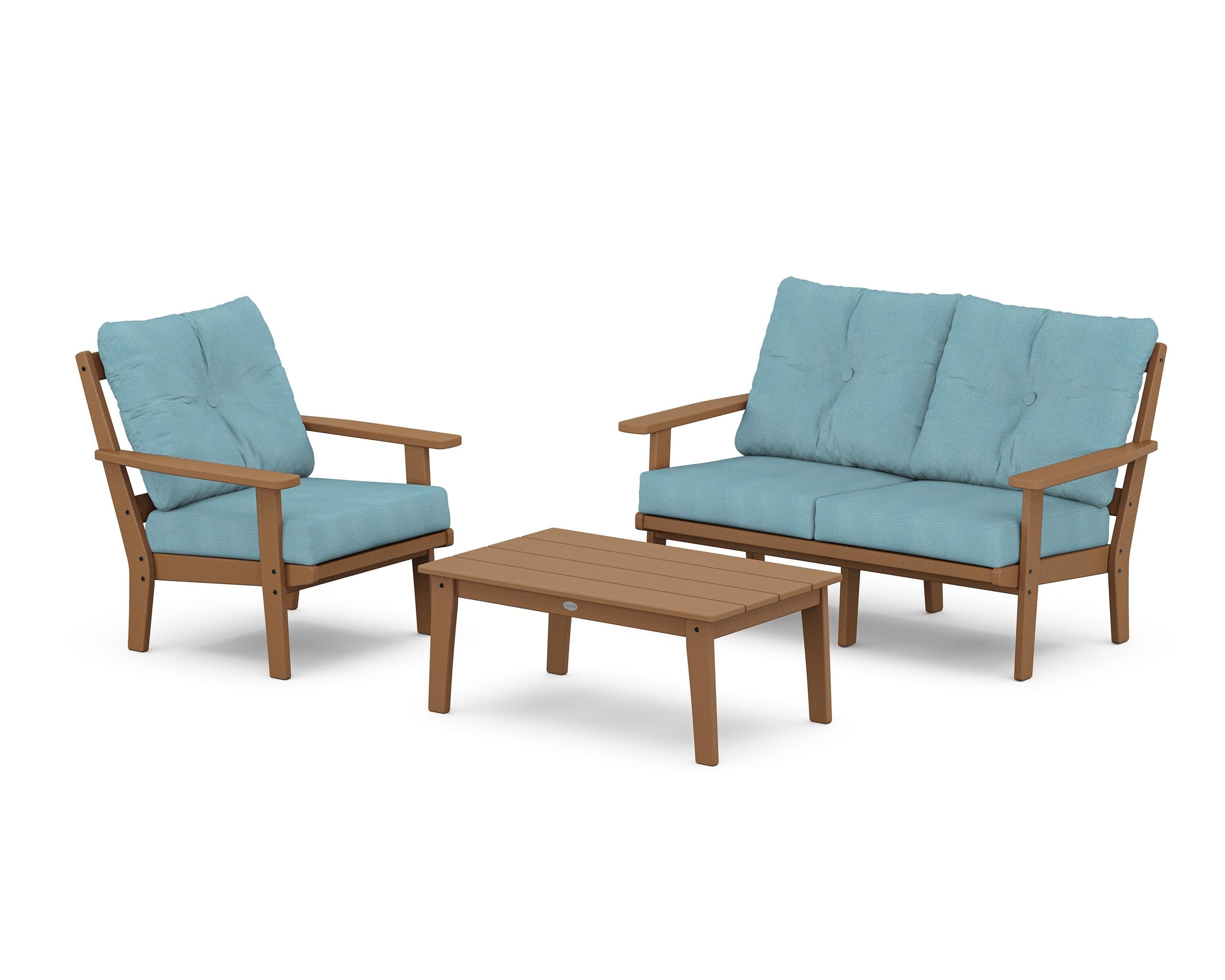 POLYWOOD® Oxford 3-Piece Deep Seating Set with Loveseat in Teak / Lattice Sky Blue