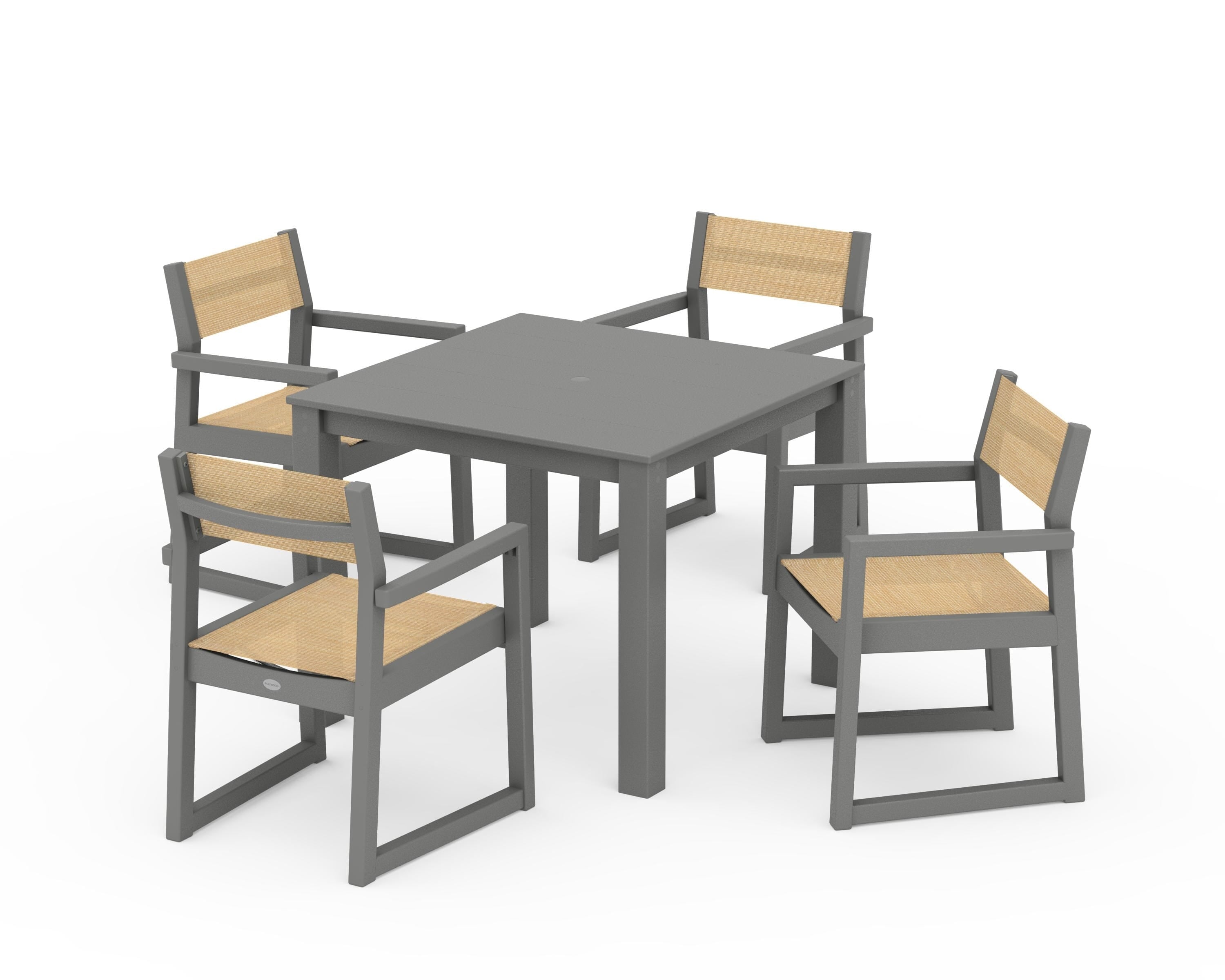 POLYWOOD® EDGE Sling Arm Chair 5-Piece Parsons Dining Set in Slate Grey / Dupioni Apricot Sling