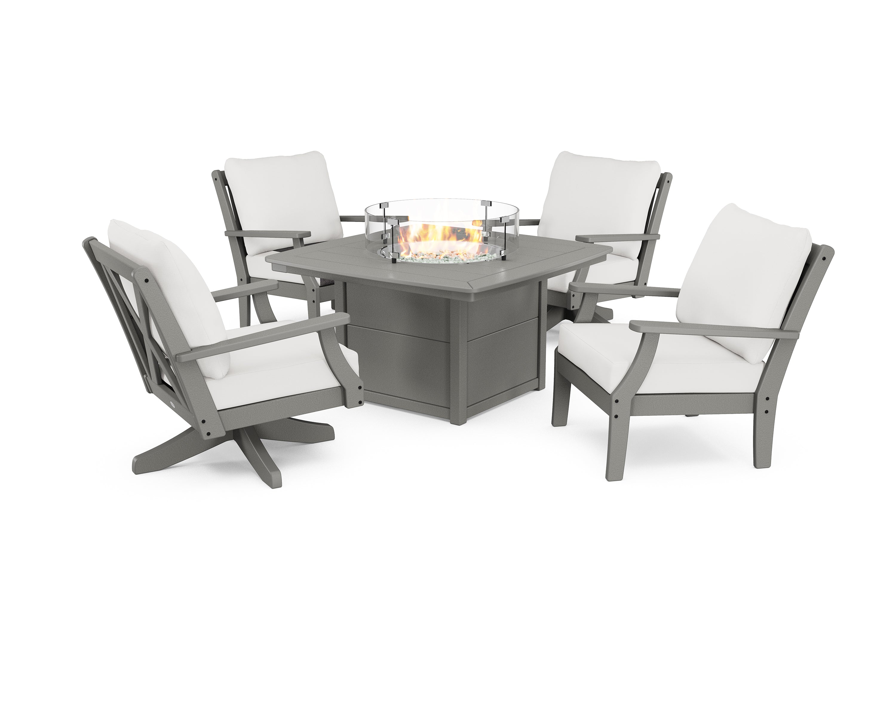 POLYWOOD® Braxton 5-Piece Deep Seating Set with Fire Table in Slate Grey / Natural Linen