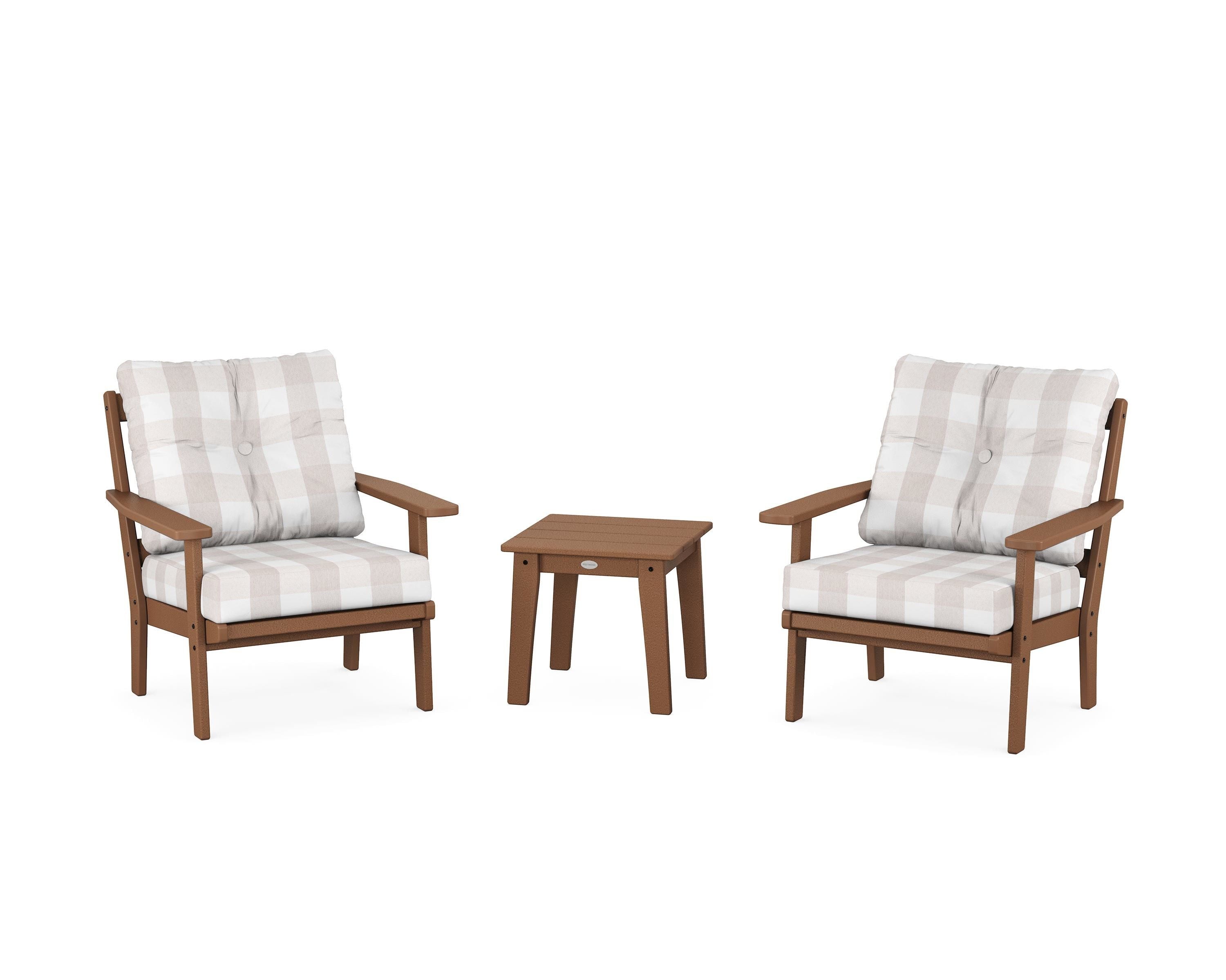 POLYWOOD® Prairie 3-Piece Deep Seating Set in Teak / Buffalo Plaid Dune Burlap