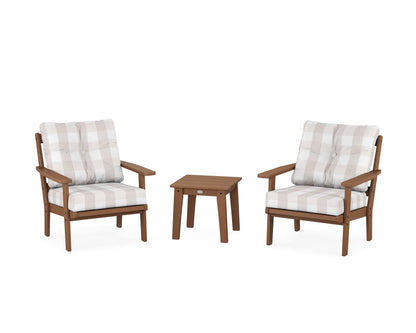 POLYWOOD® Prairie 3-Piece Deep Seating Set in Teak / Buffalo Plaid Dune Burlap