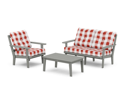 POLYWOOD® Oxford 3-Piece Deep Seating Set with Loveseat in Slate Grey / Buffalo Plaid Crimson