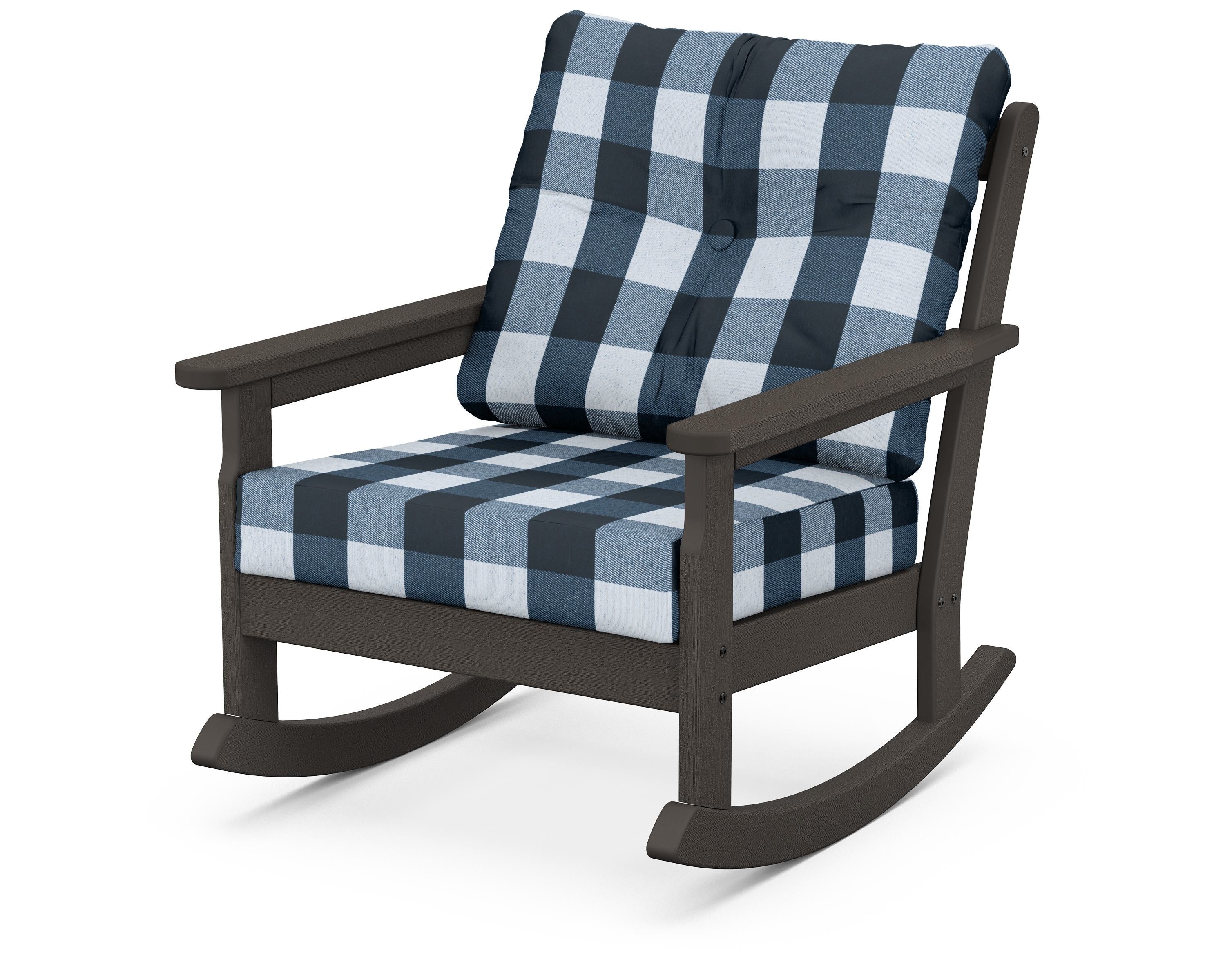 POLYWOOD® Vineyard Deep Seating Rocking Chair in Vintage Coffee / Buffalo Plaid Marine Indigo
