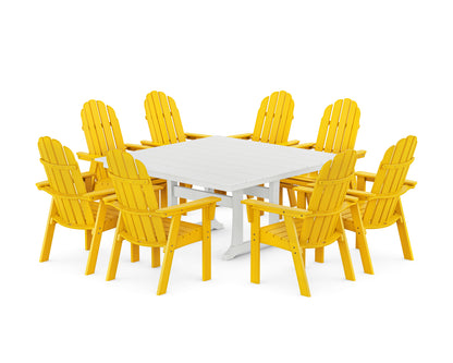 POLYWOOD® Vineyard Curveback Adirondack 9-Piece Square Farmhouse Dining Set with Trestle Legs in Lemon / White