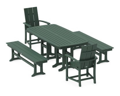 POLYWOOD® Modern Adirondack 5-Piece Farmhouse Dining Set with Benches in Green