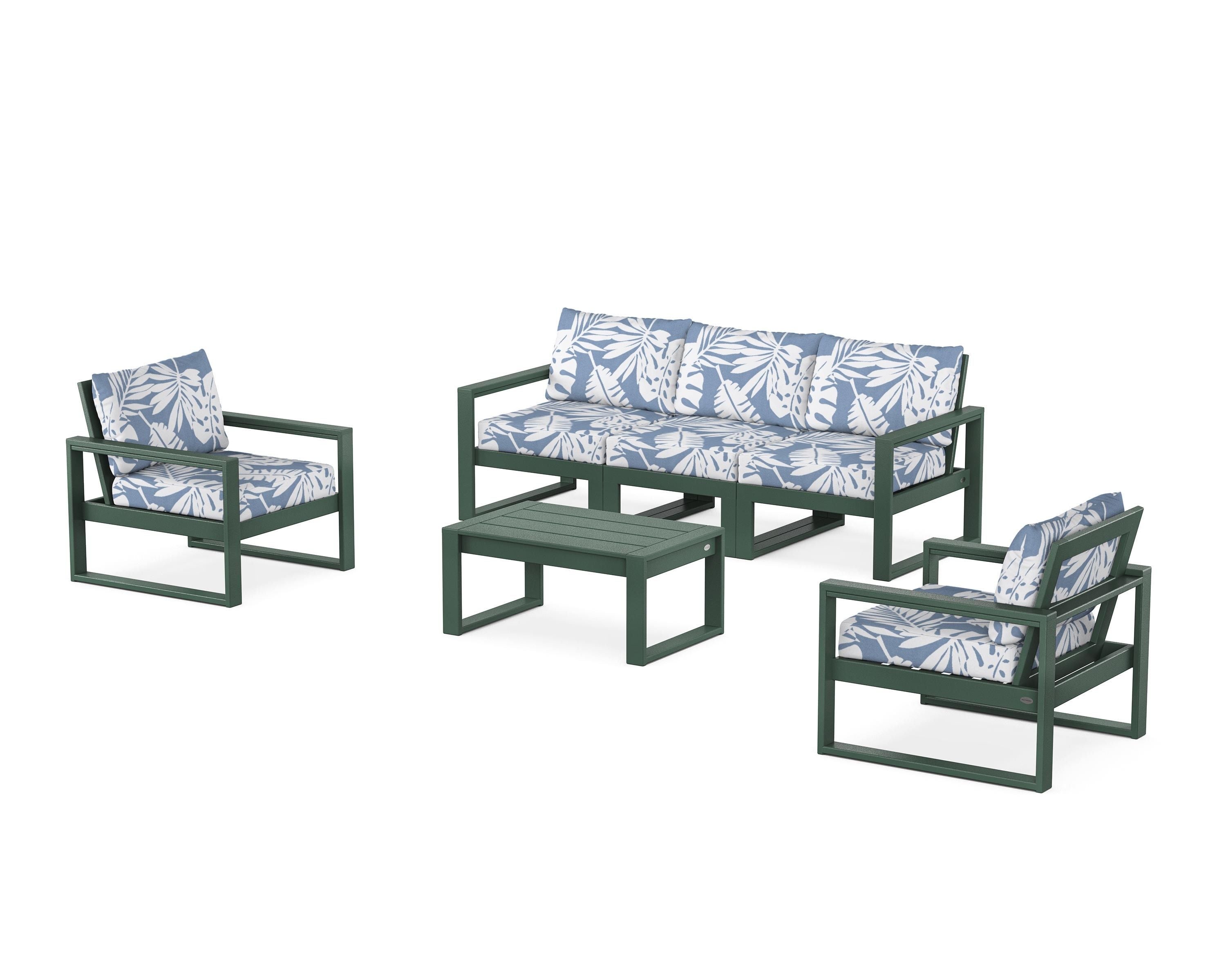 POLYWOOD® EDGE Sectional 4-Piece Deep Seating Set with Sofa in Green / Leaf Sky Blue