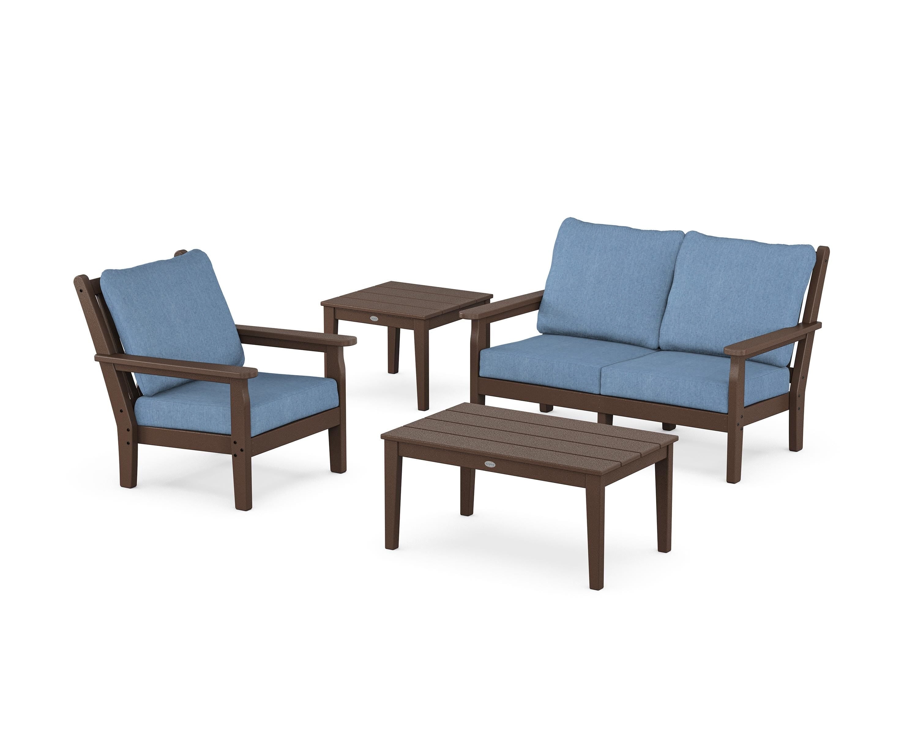 POLYWOOD® Chippendale 4-Piece Deep Seating Set in Mahogany / Sky Blue