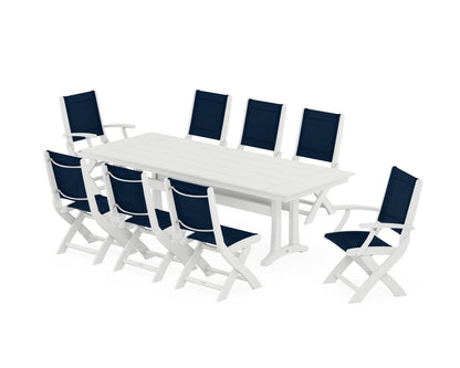 POLYWOOD® Coastal 9-Piece Folding Dining Chair Farmhouse Dining Set with Trestle Legs in White / Navy Blue Sling