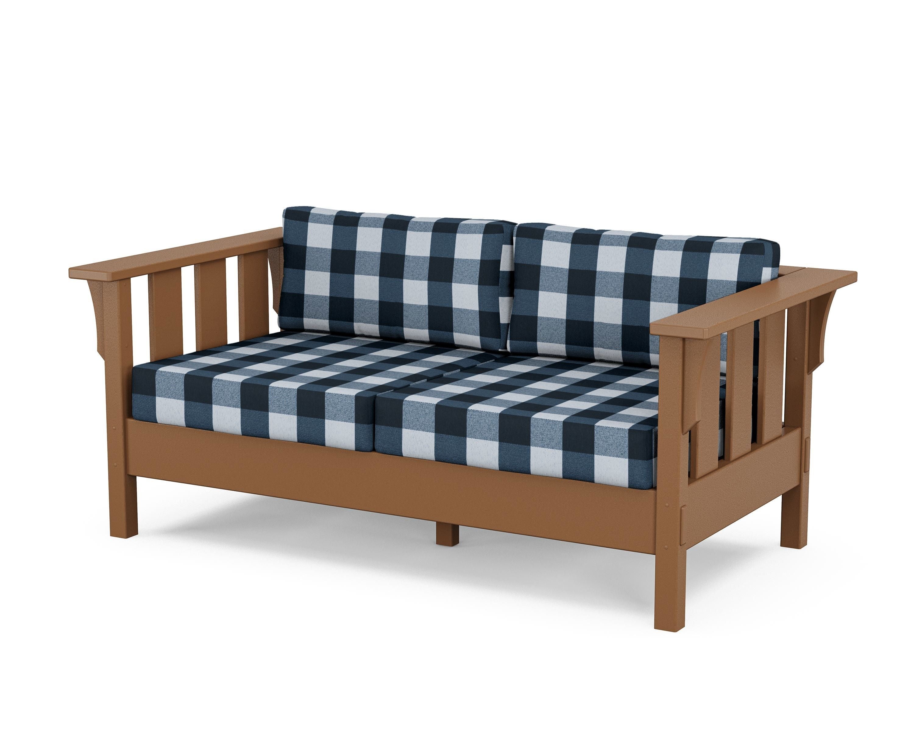 Martha Stewart by POLYWOOD® Acadia Deep Seating Loveseat in Teak / Buffalo Plaid Marine Indigo