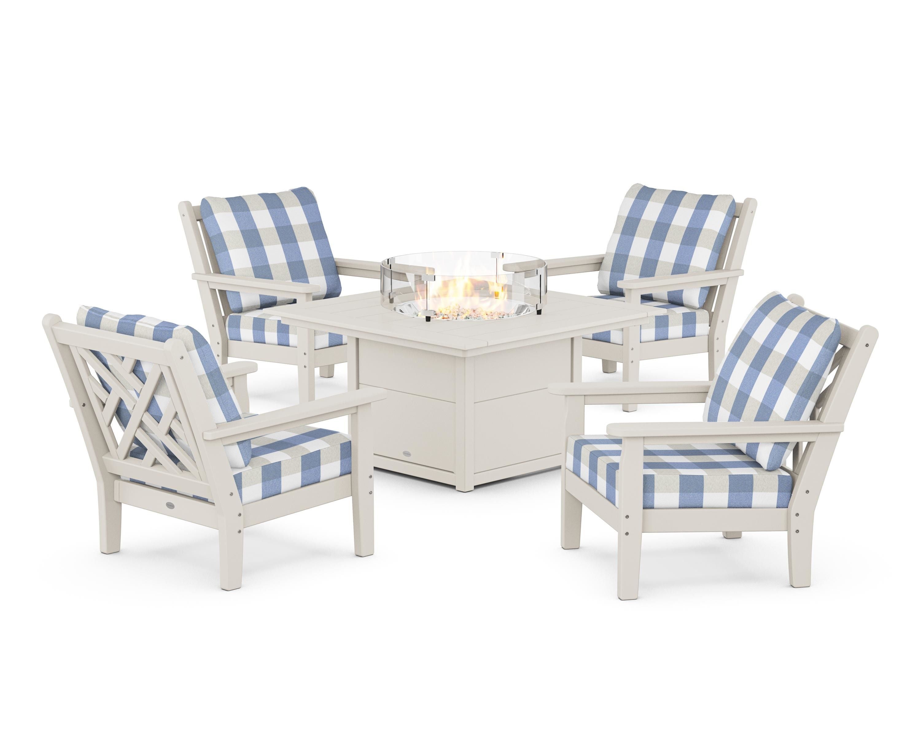 POLYWOOD® Chippendale 5-Piece Deep Seating Set with Fire Pit Table in Sand / Buffalo Plaid Sky Blue