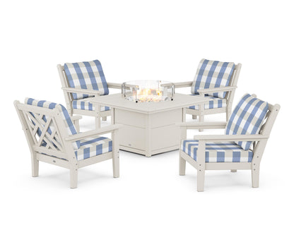 POLYWOOD® Chippendale 5-Piece Deep Seating Set with Fire Pit Table in Sand / Buffalo Plaid Sky Blue