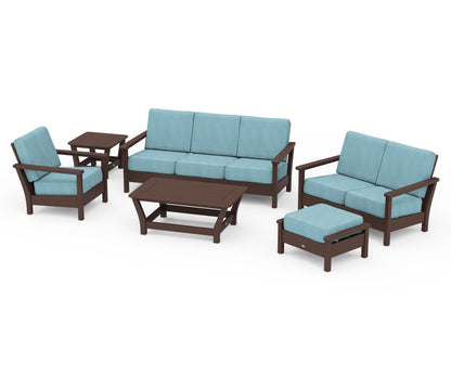 POLYWOOD® Harbour 6-Piece Outdoor Living Set in Mahogany / Lattice Sky Blue