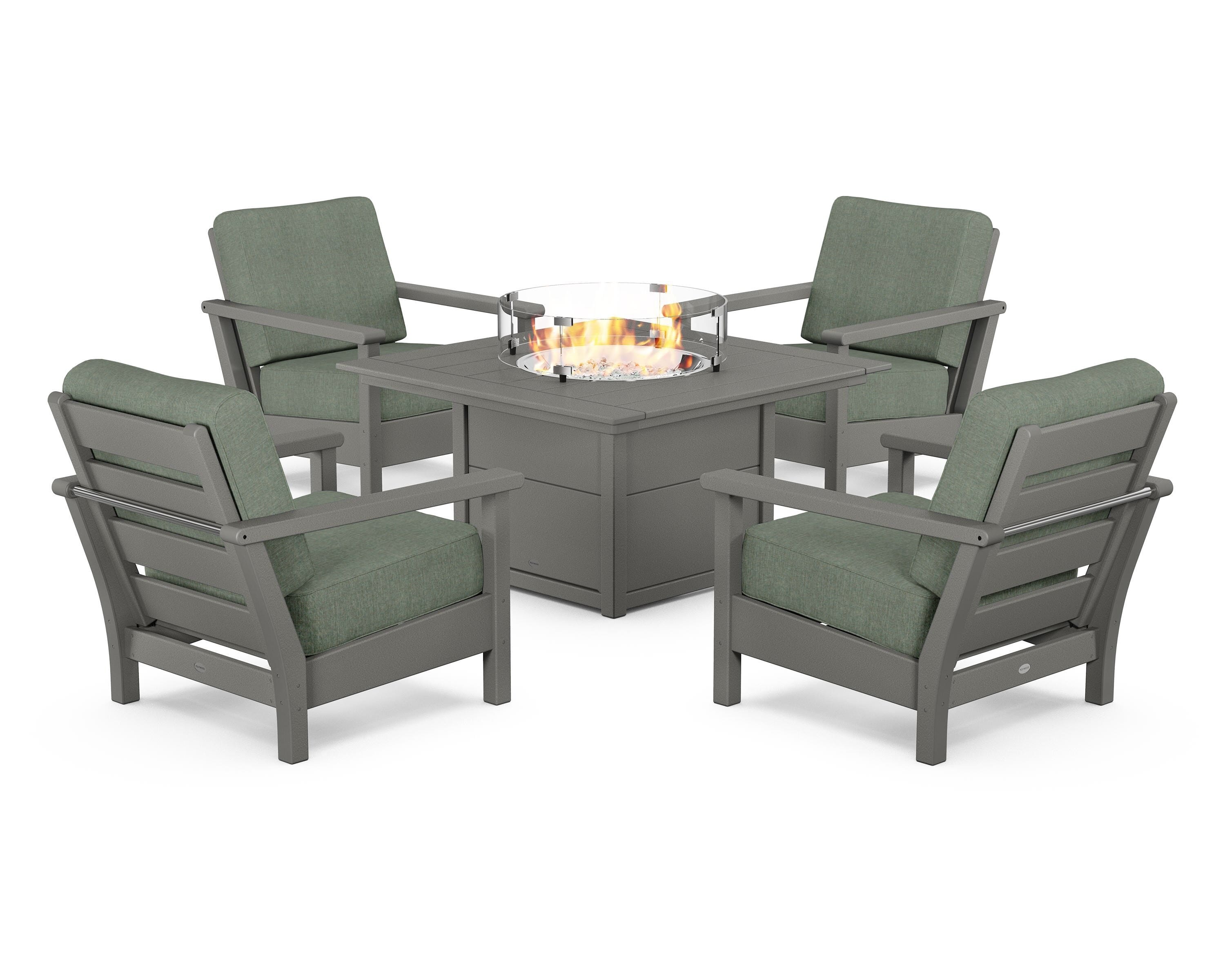 POLYWOOD® Harbour 5-Piece Conversation Set with Fire Pit Table in Slate Grey / Cast Sage