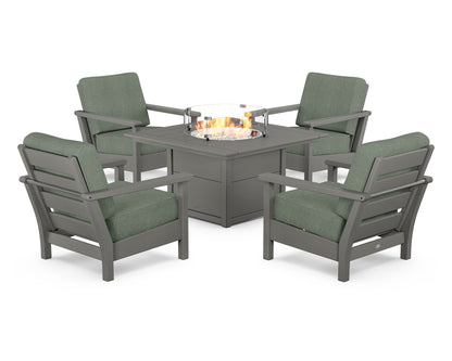 POLYWOOD® Harbour 5-Piece Conversation Set with Fire Pit Table in Slate Grey / Cast Sage