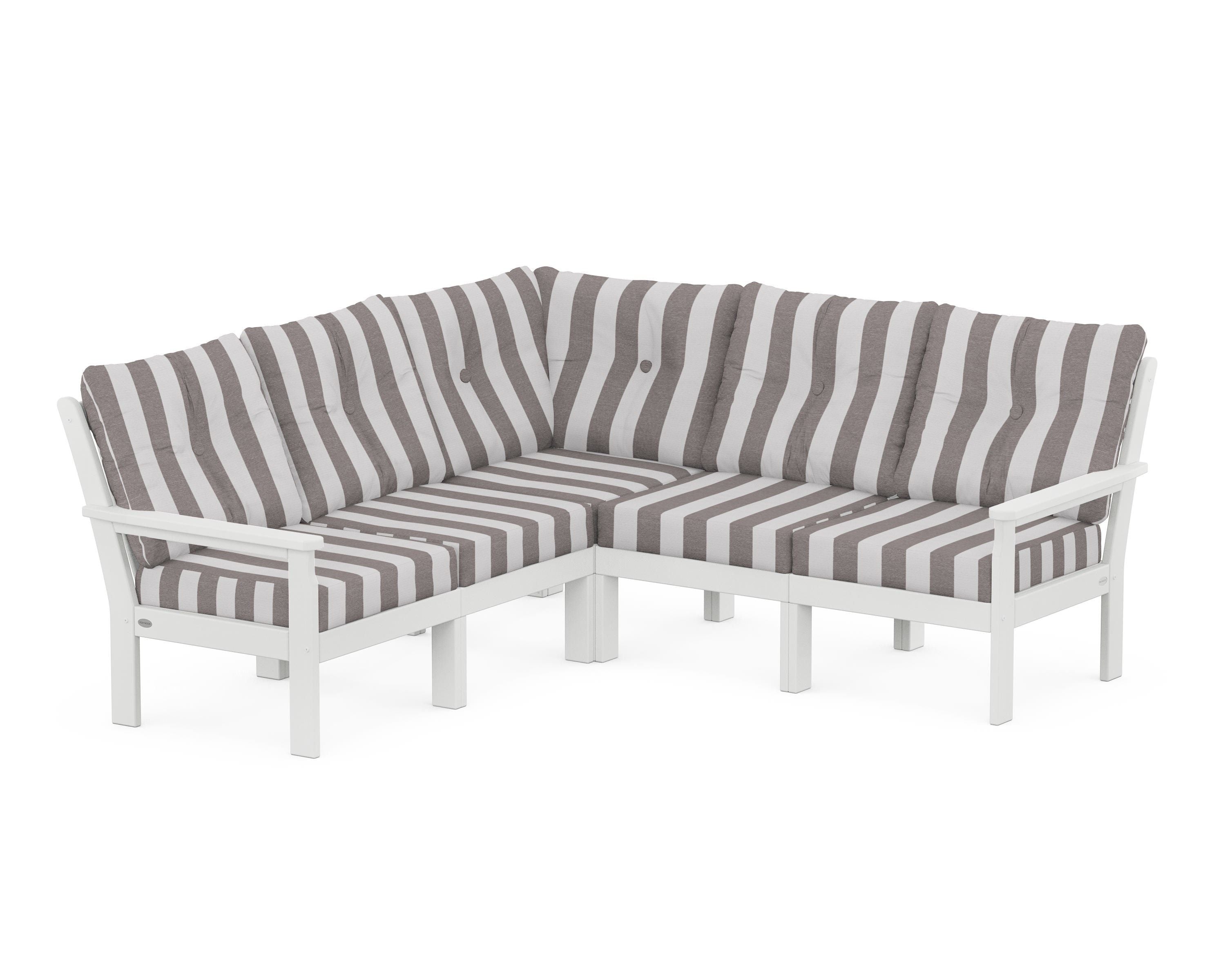 POLYWOOD® Vineyard 5-Piece Sectional in White / Cabana Stripe Grey Mist