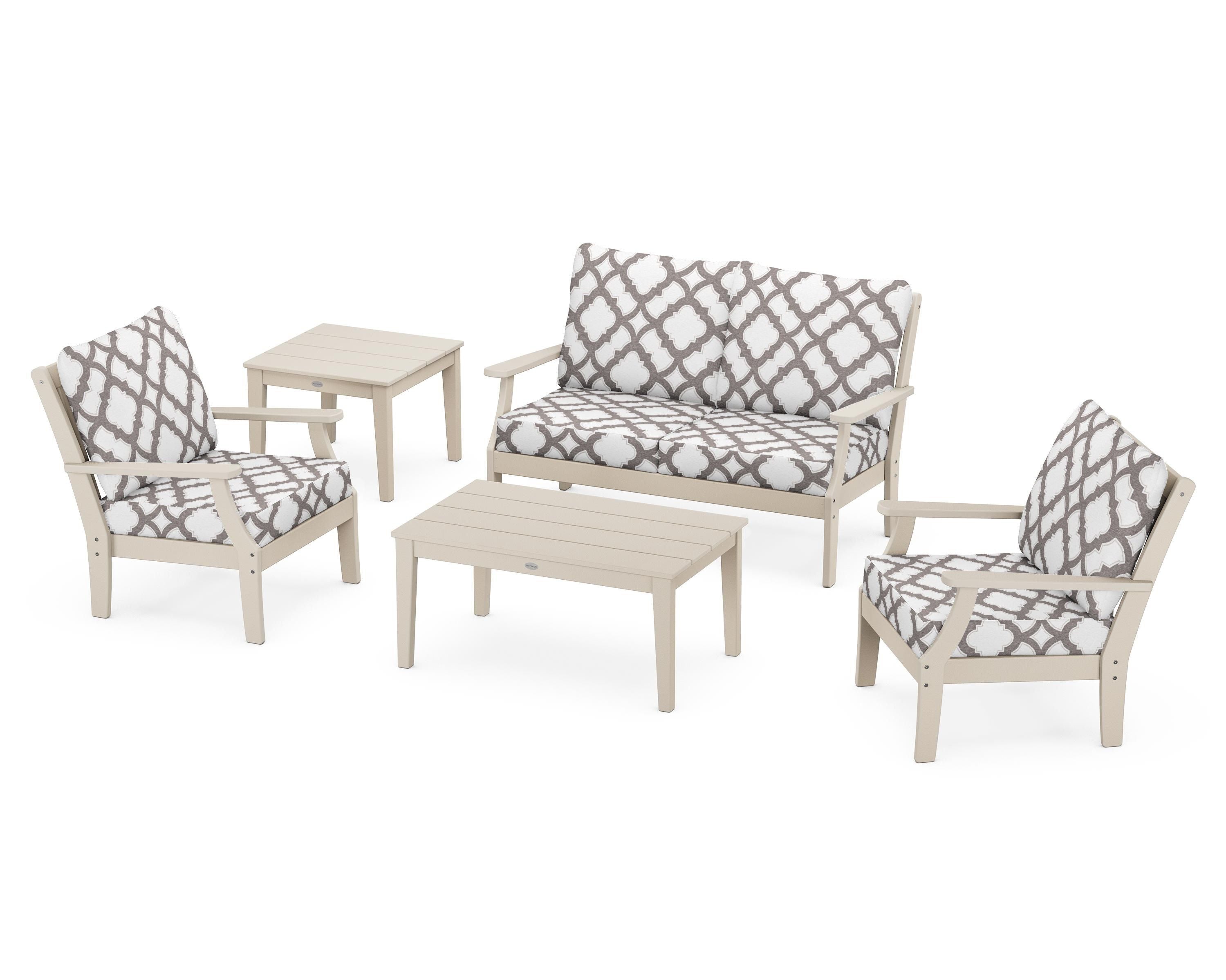 POLYWOOD® Braxton 5-Piece Deep Seating Set in Sand / Trellis Grey Mist