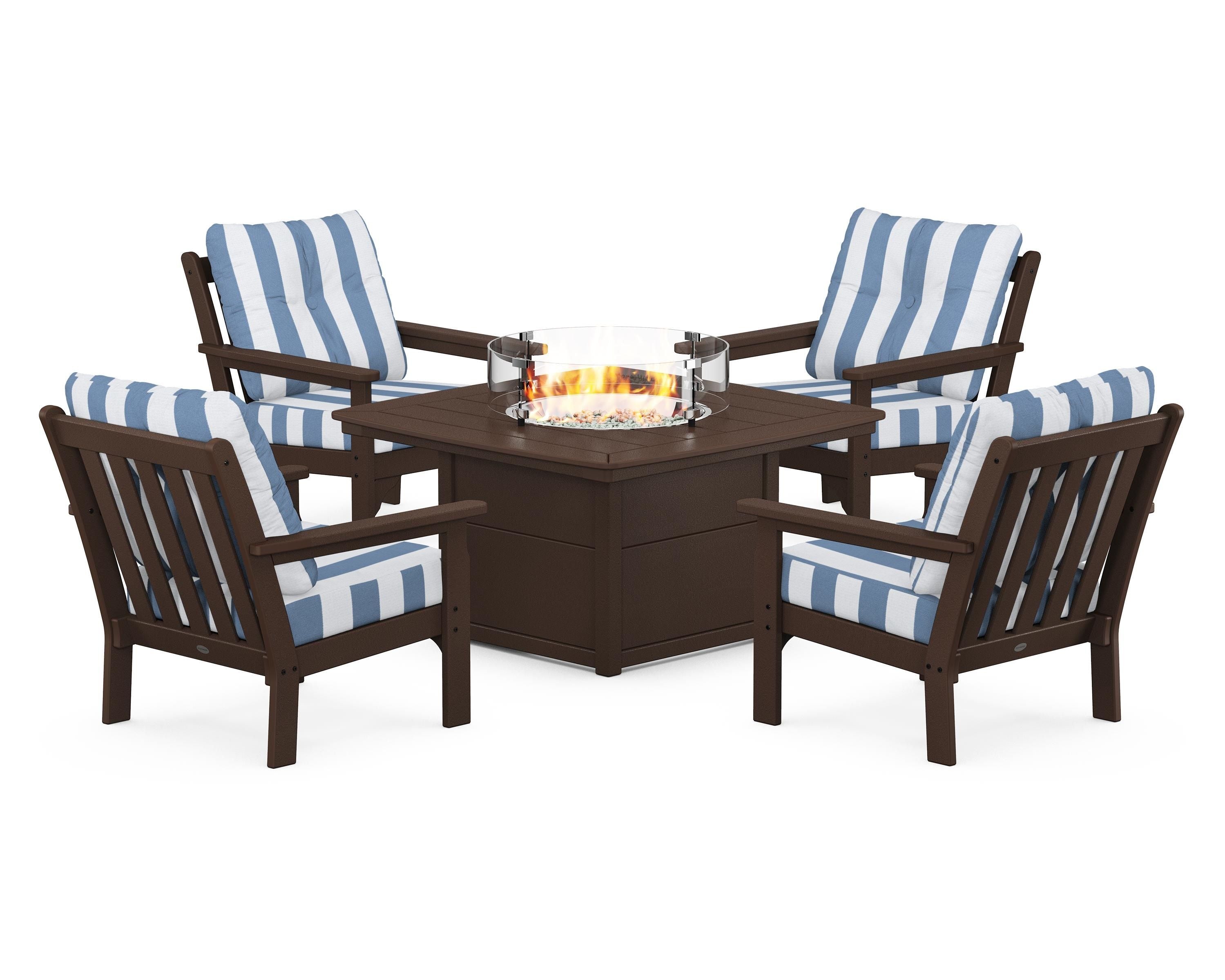POLYWOOD® Vineyard 5-Piece Conversation Set with Fire Pit Table in Mahogany / Cabana Stripe Sky Blue