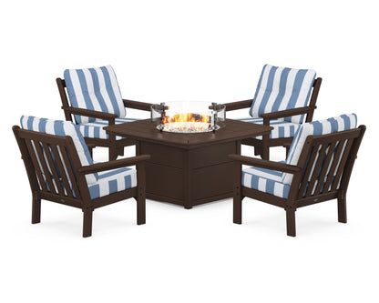 POLYWOOD® Vineyard 5-Piece Conversation Set with Fire Pit Table in Mahogany / Cabana Stripe Sky Blue