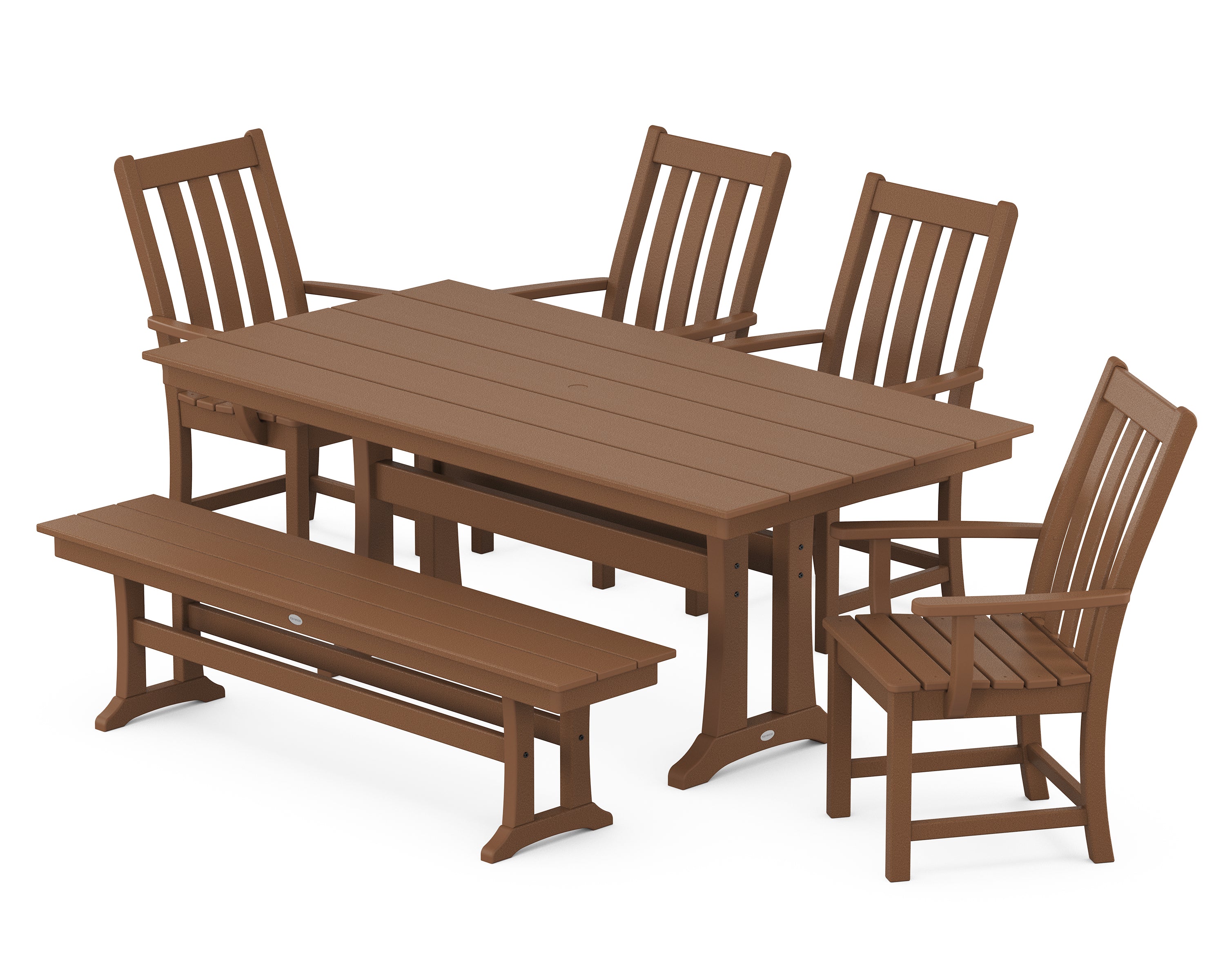 POLYWOOD® Vineyard 6-Piece Arm Chair Farmhouse Dining Set with Trestle Legs and Bench in Teak