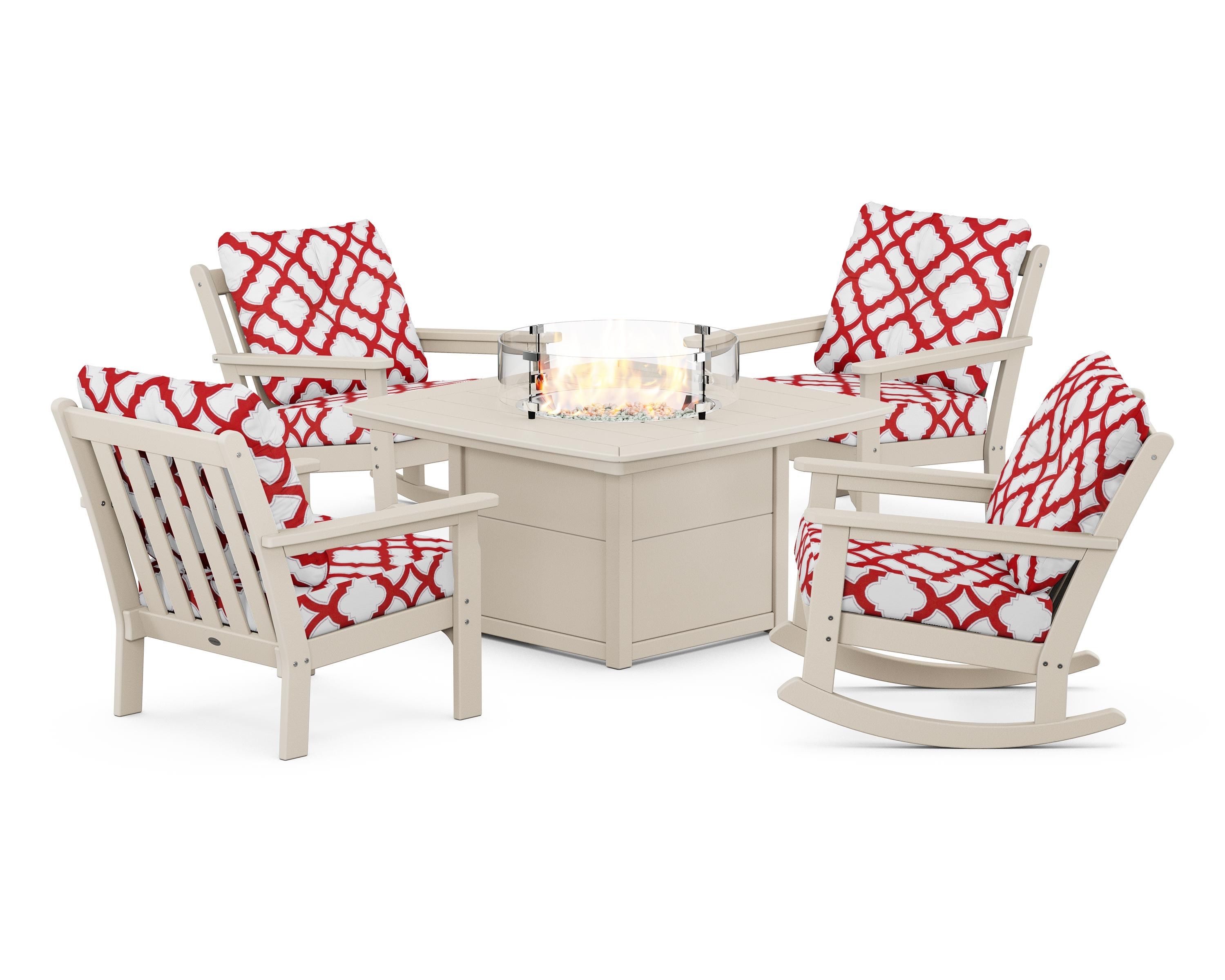 POLYWOOD® Vineyard 5-Piece Deep Seating Rocking Chair Conversation Set with Fire Pit Table in Sand / Trellis Crimson