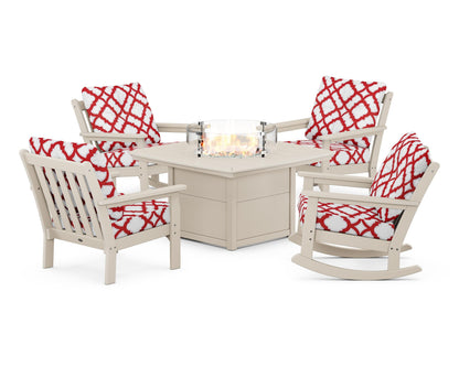 POLYWOOD® Vineyard 5-Piece Deep Seating Rocking Chair Conversation Set with Fire Pit Table in Sand / Trellis Crimson