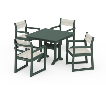 POLYWOOD® EDGE Sling 5-Piece Farmhouse Dining Set with Trestle Legs in Green / Parchment Sling