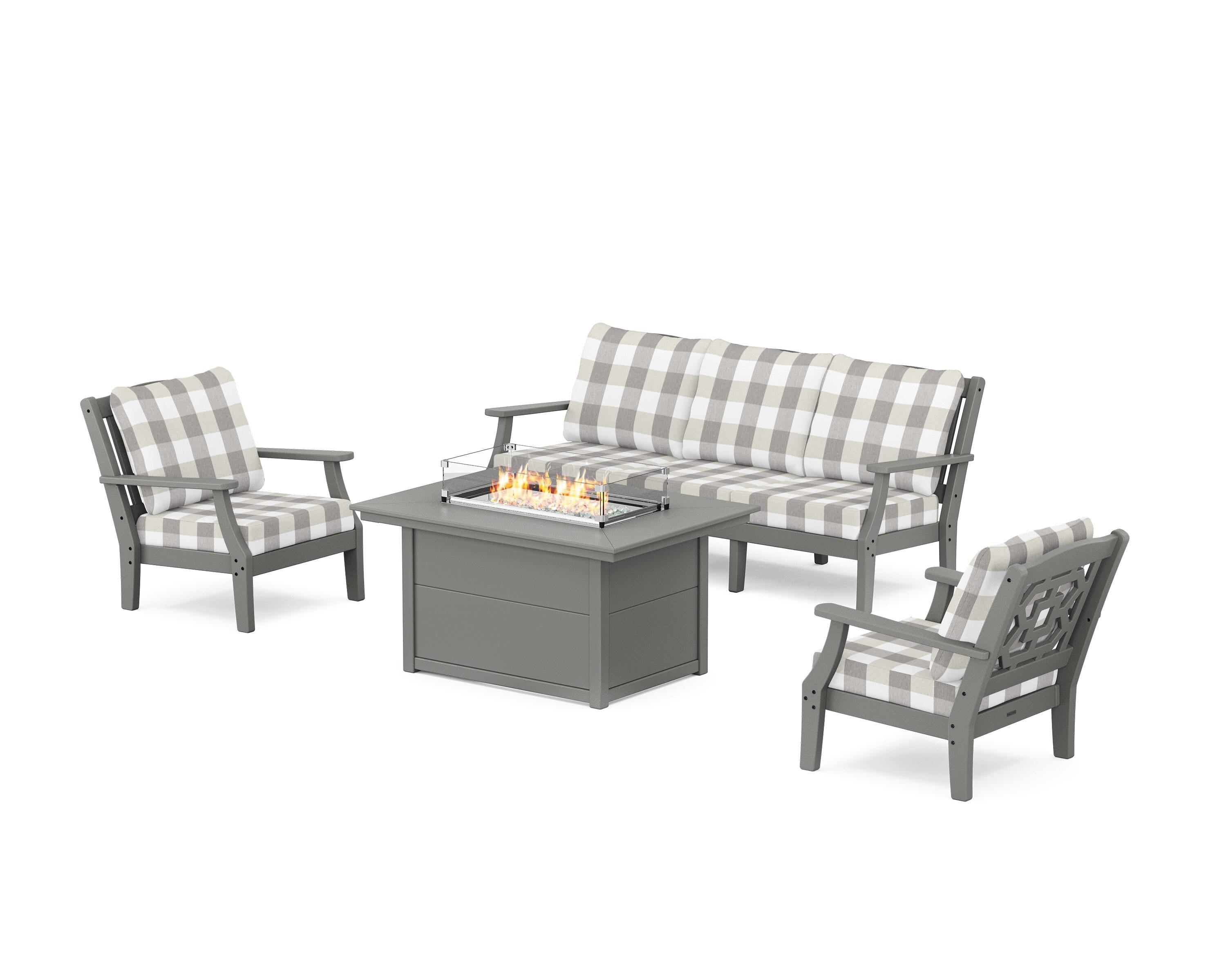 Martha Stewart by POLYWOOD® Chinoiserie Deep Seating Fire Pit Table Set in Slate Grey / Buffalo Plaid Grey Mist