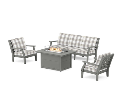 Martha Stewart by POLYWOOD® Chinoiserie Deep Seating Fire Pit Table Set in Slate Grey / Buffalo Plaid Grey Mist