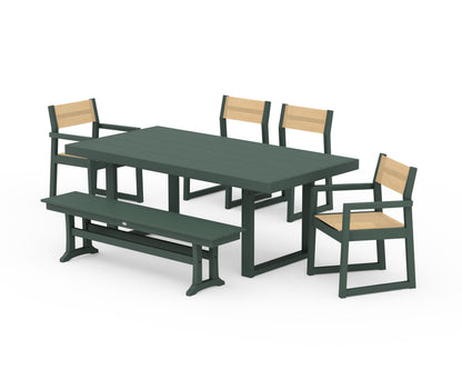 POLYWOOD® EDGE Sling 6-Piece Dining Set with Bench in Green / Dupioni Apricot Sling