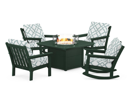 POLYWOOD® Vineyard 5-Piece Deep Seating Rocking Chair Conversation Set with Fire Pit Table in Green / Trellis Glacier Spa