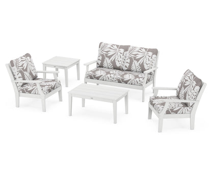 POLYWOOD® Braxton 5-Piece Deep Seating Set in White / Leaf Grey Mist