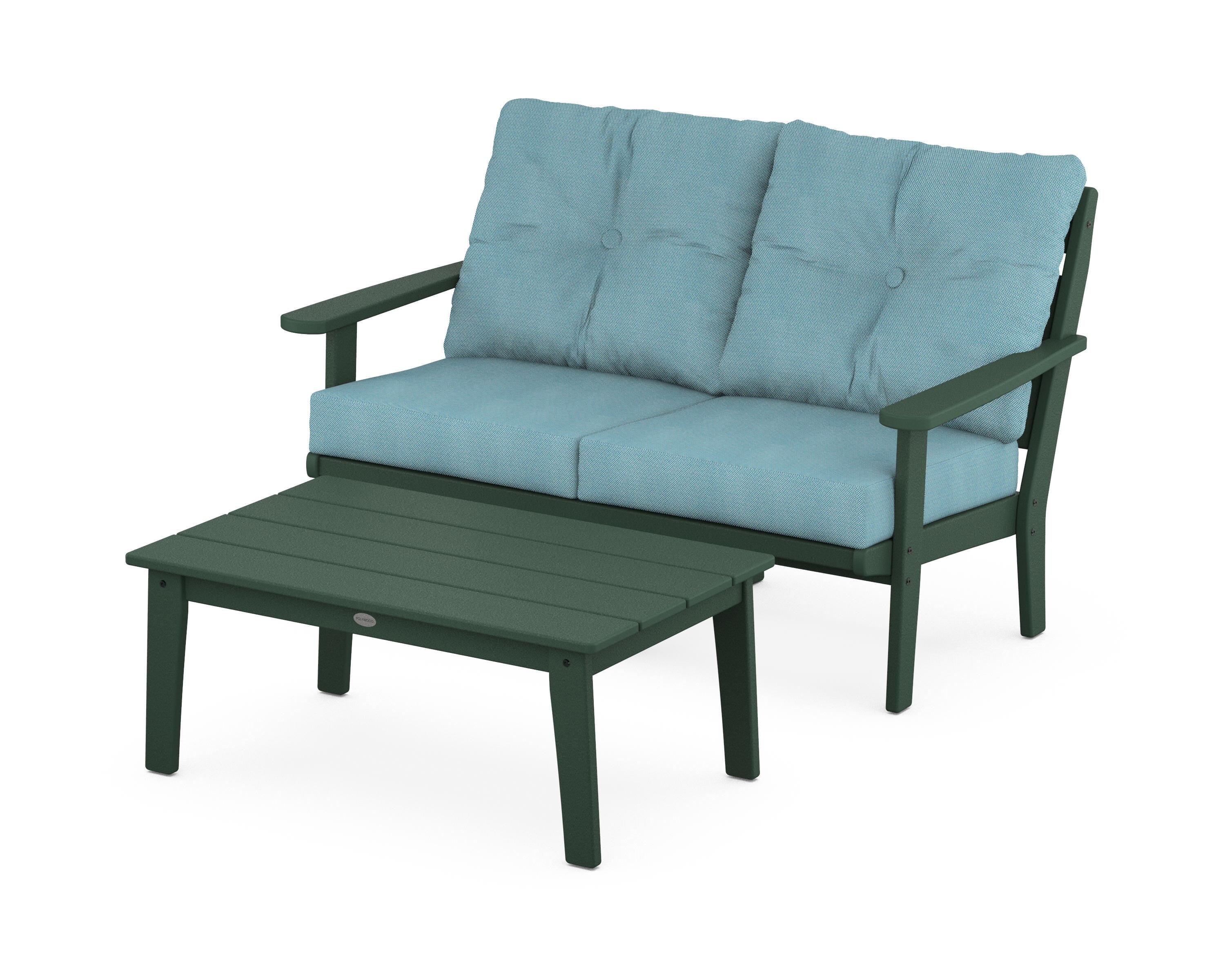 POLYWOOD® Lakeside 2-Piece Lounge Loveseat Set in Green / Lattice Sky Blue