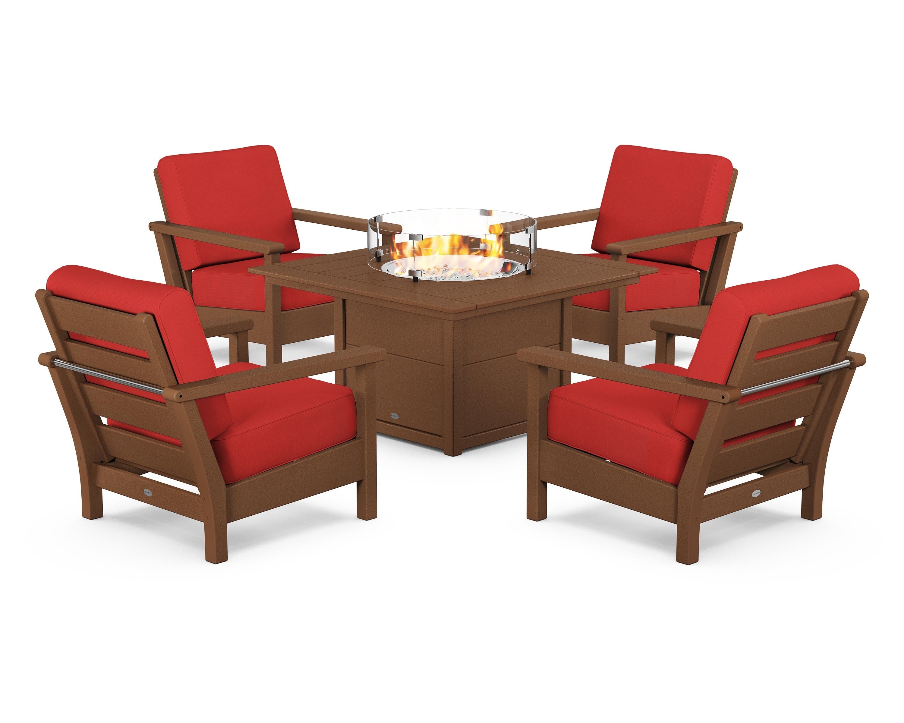 POLYWOOD® Harbour 5-Piece Conversation Set with Fire Pit Table in Teak / Crimson Linen