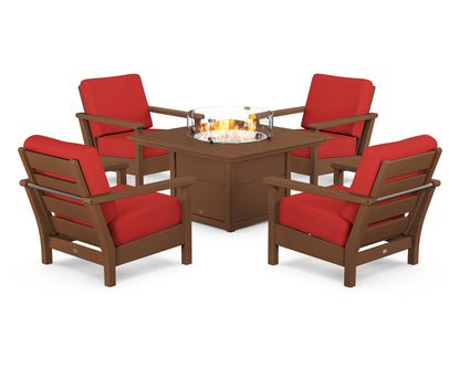 POLYWOOD® Harbour 5-Piece Conversation Set with Fire Pit Table in Teak / Crimson Linen