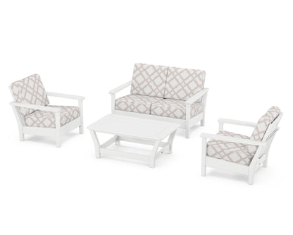 POLYWOOD® Harbour 4-Piece Deep Seating Set in White / Trellis Dune Burlap