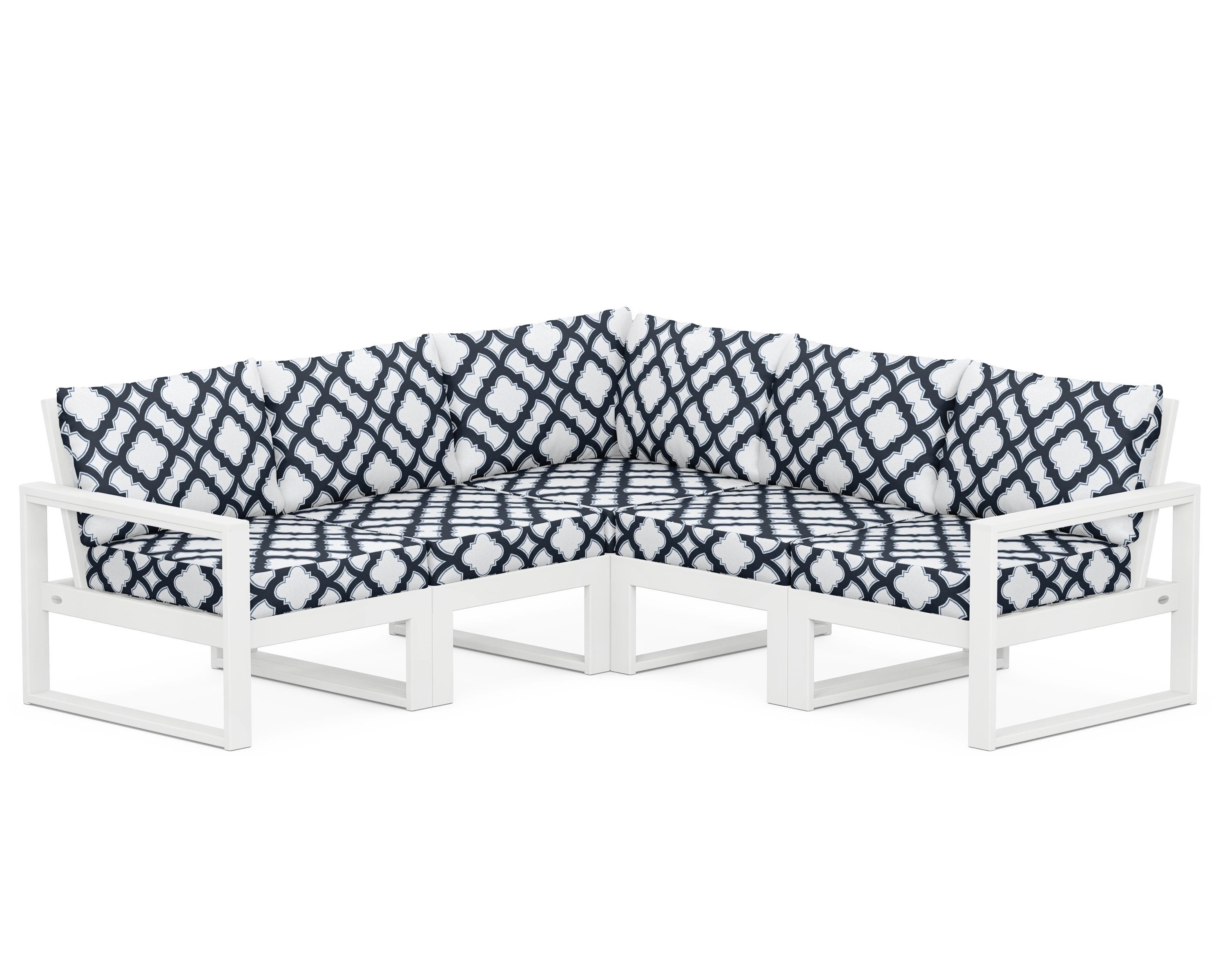 POLYWOOD® EDGE 5-Piece Modular Deep Seating Set in White / Trellis Marine Indigo