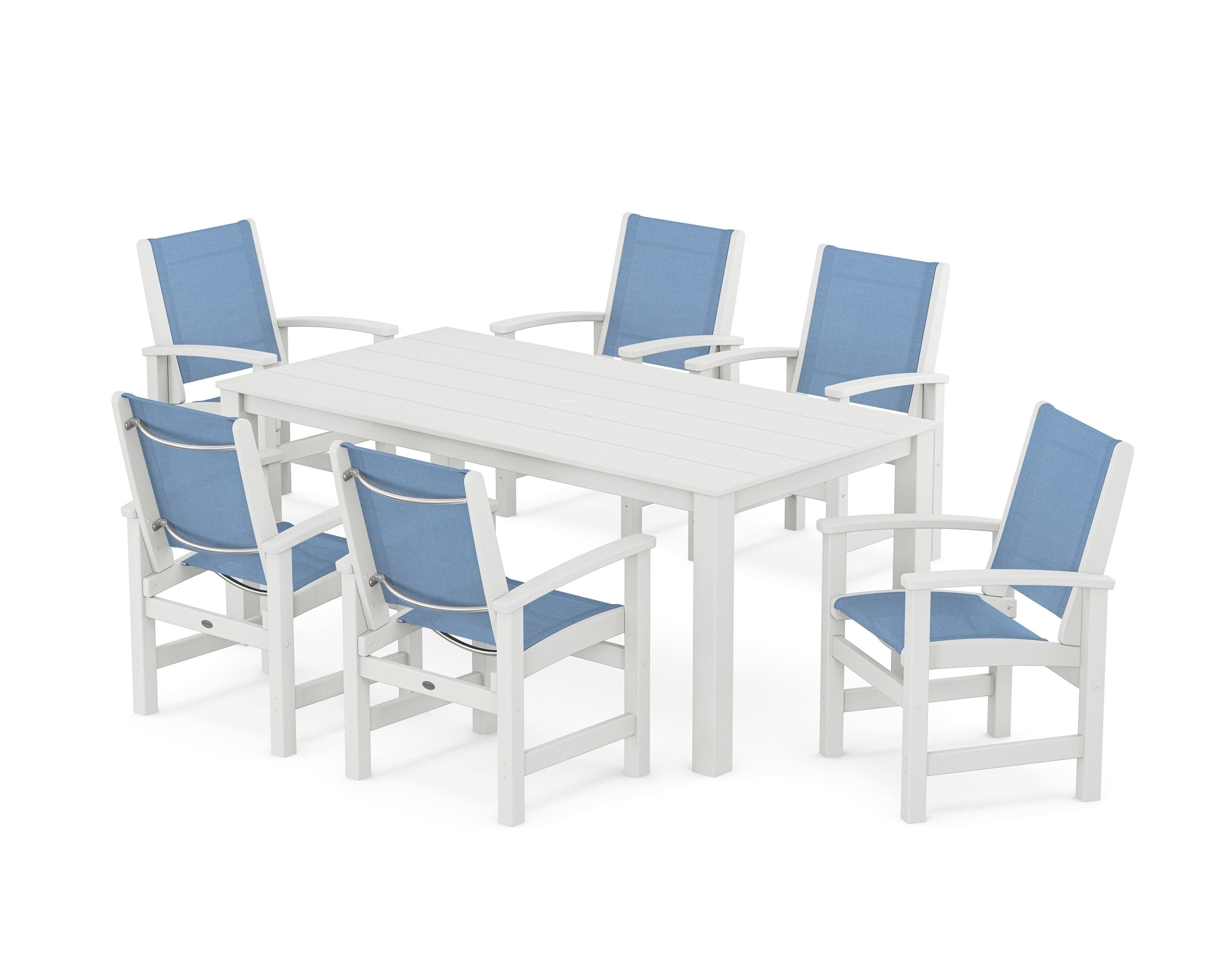 POLYWOOD® Coastal 7-Piece Parsons Dining Set in White / Poolside Sling