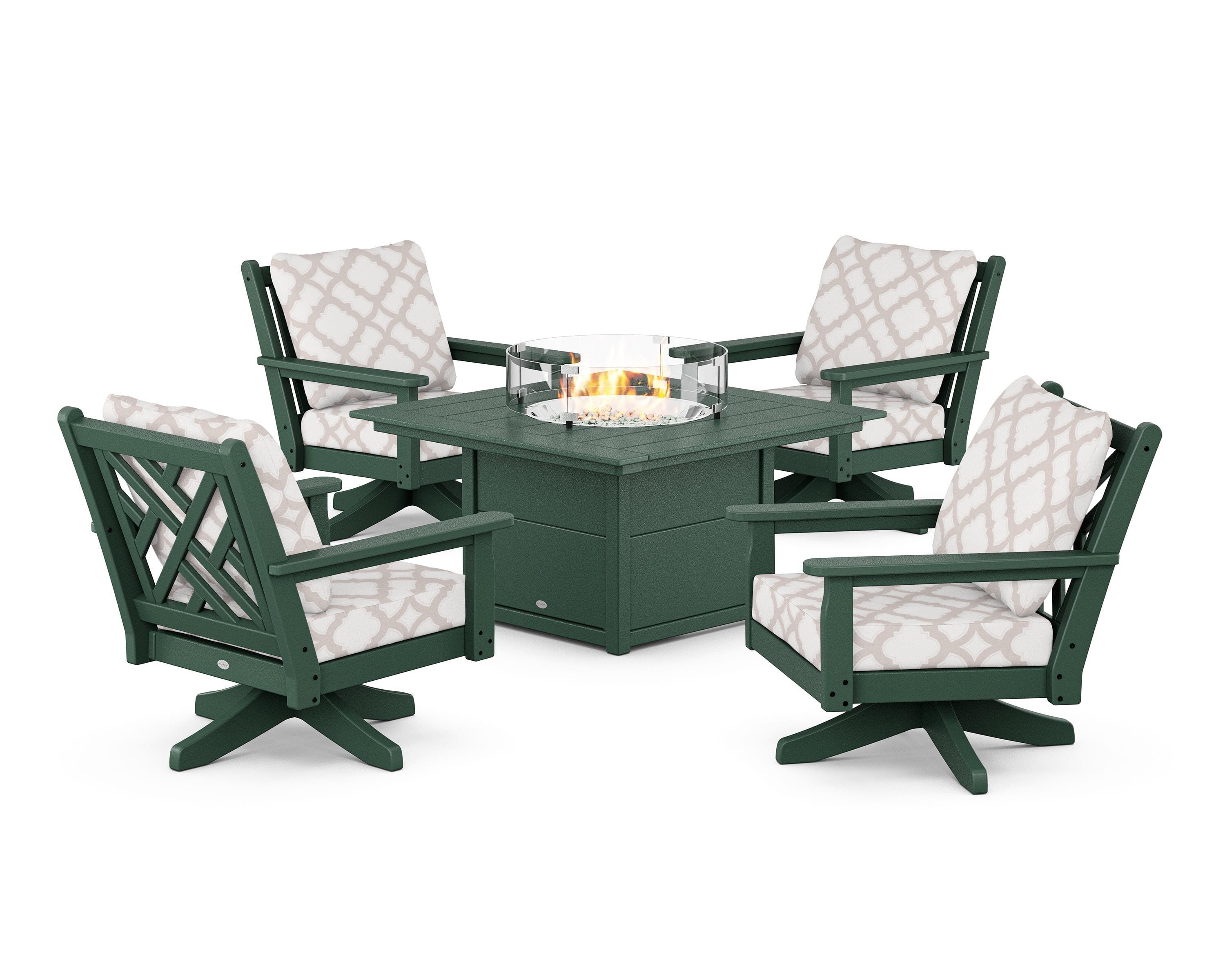 POLYWOOD® Chippendale 5-Piece Deep Seating Swivel Conversation Set with Fire Pit Table in Green / Trellis Dune Burlap