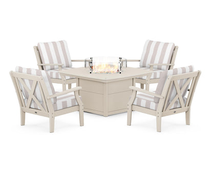 POLYWOOD® Braxton 5-Piece Deep Seating Conversation Set with Fire Pit Table in Sand / Cabana Stripe Dune Burlap